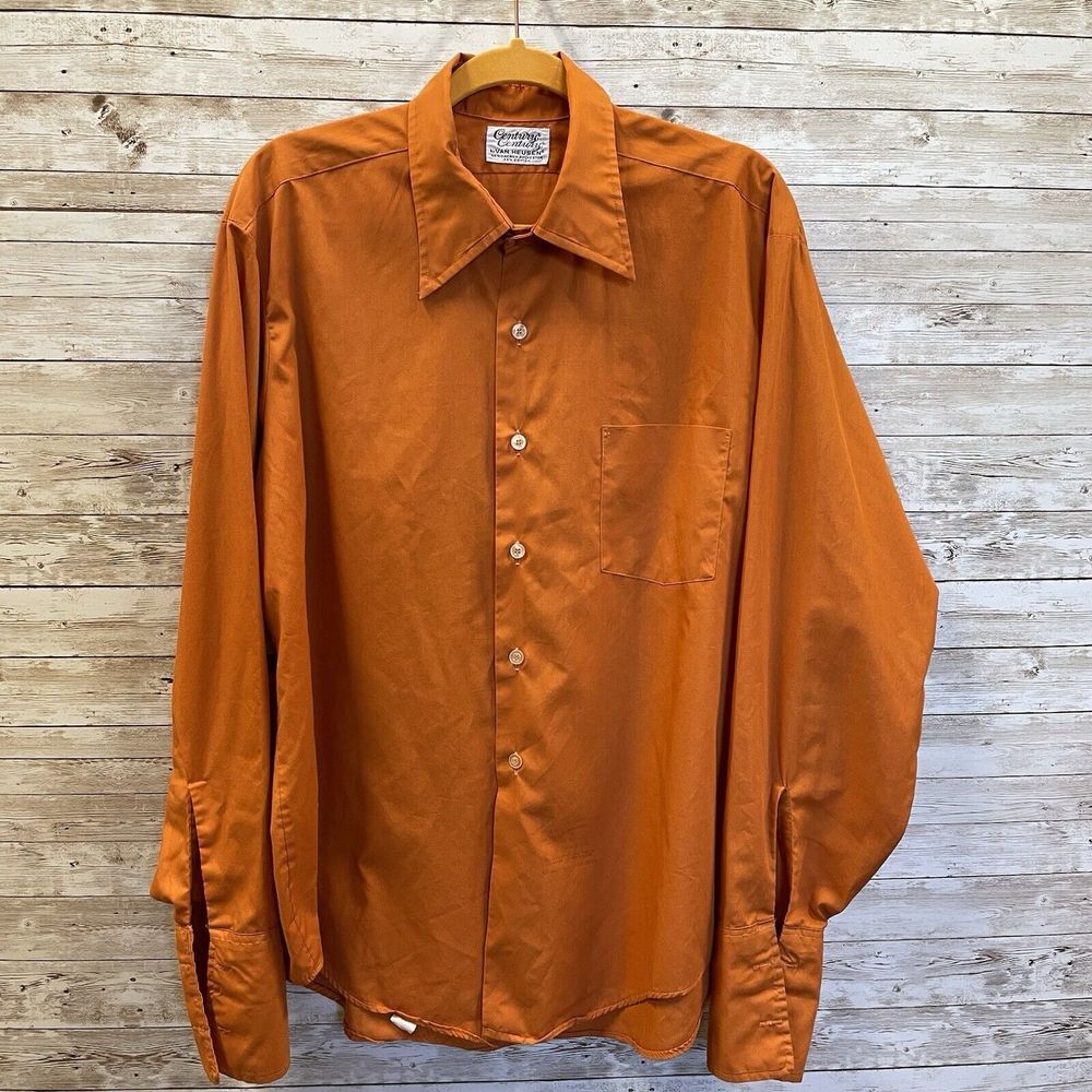 Vintage Van Heusen Century Mens 17x35 Shirt Fly Collar Wide Cuff Orange 60s-70s‎